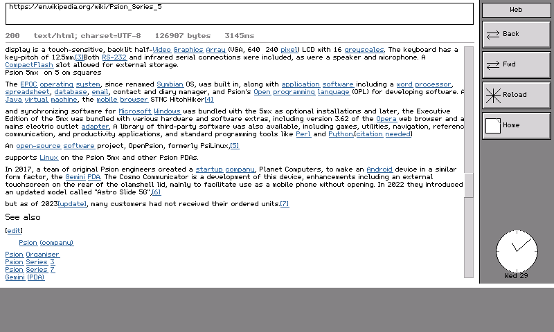 The Wikipedia article on the Psion Series 5, rendered on the device