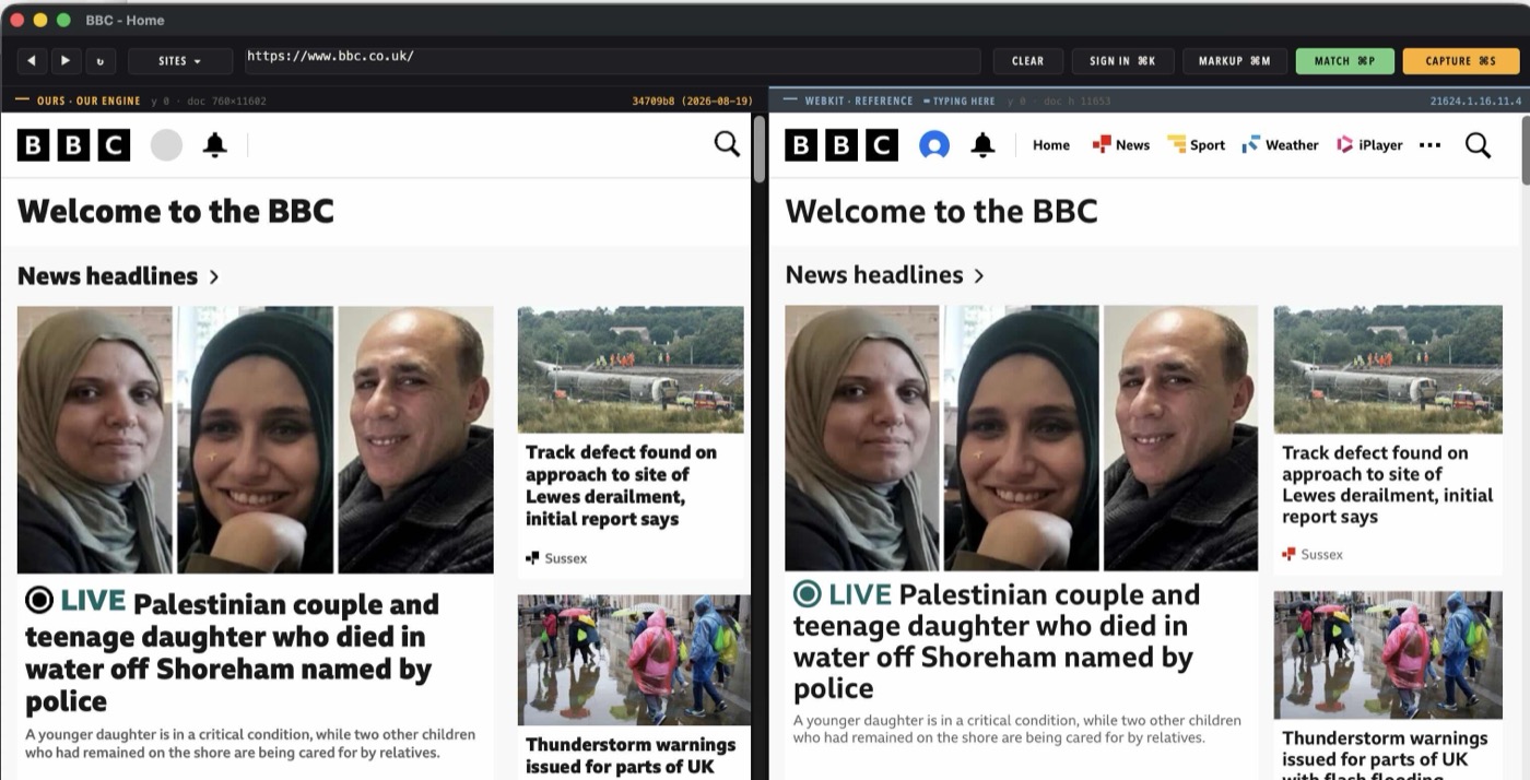 webcompare showing the same page rendered by our engine on the left and WebKit on the right
