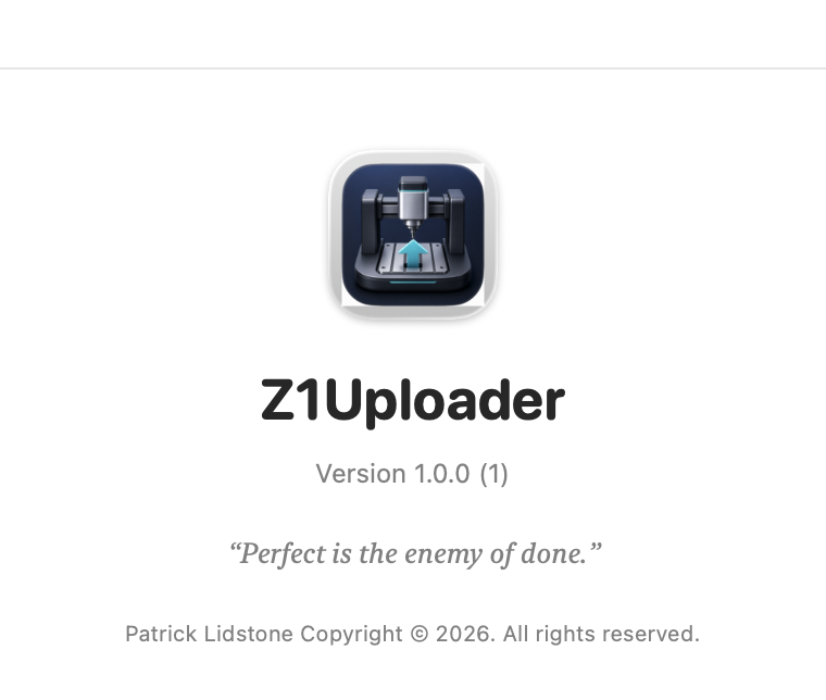 The About box: Z1Uploader version 1.0.0