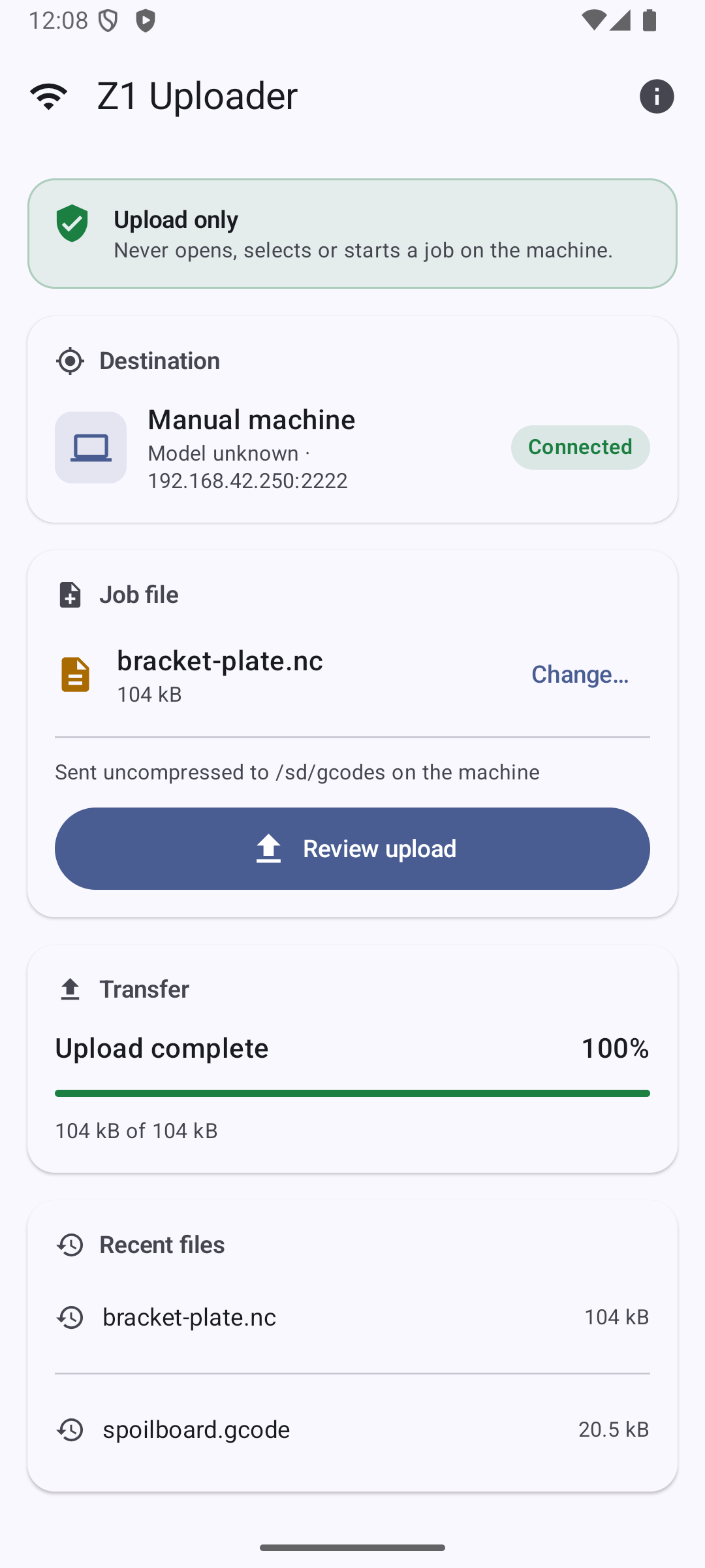The Android build: a Carvera connected at 192.168.42.250, a job file sent, the transfer complete