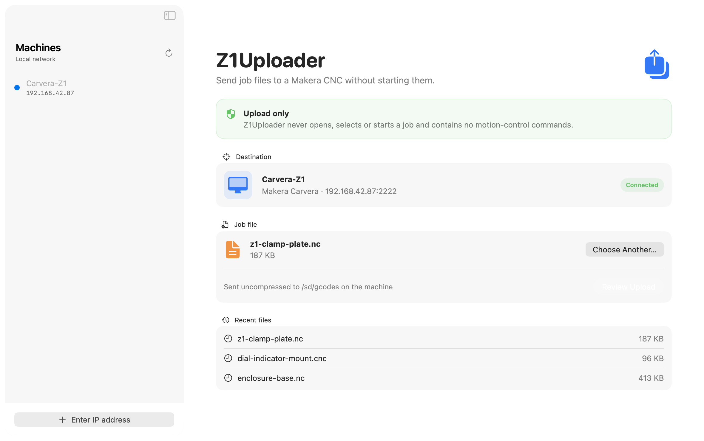 The main window: a Carvera discovered on the local network and connected, with a job file chosen and ready to send